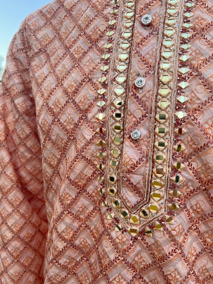 Orange Kurta With Cutdana For Eid, Orange Cutdana Kurta For Eid, Festive Orange Kurta With Gota Work, Unstitched Orange Kurta With Gota Work, Pink Sherwani With Mirror Work In Straight Kurta Style, Pink Sherwani With Mirror Work, Bollywood Style Pink Sherwani With Mirror Work, Pink Bollywood Sherwani With Mirror Work, Orange Kurta With Mirror Work For Eid