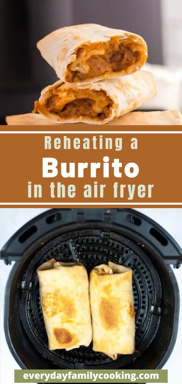 two burritos sitting on top of an air fryer with text overlay reading reheaing a burrito in the air fryer