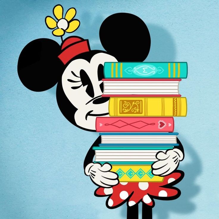 a mickey mouse holding a stack of books with the caption, i'm minnie mouse