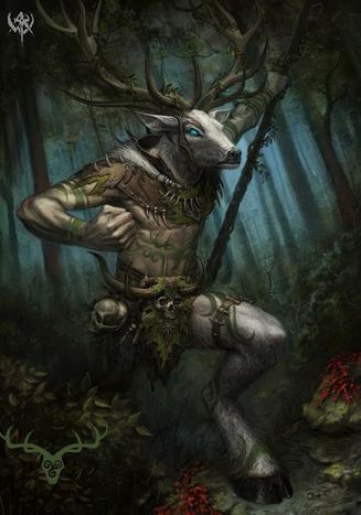 an image of a man in the woods with a wolf on his chest and arms behind him