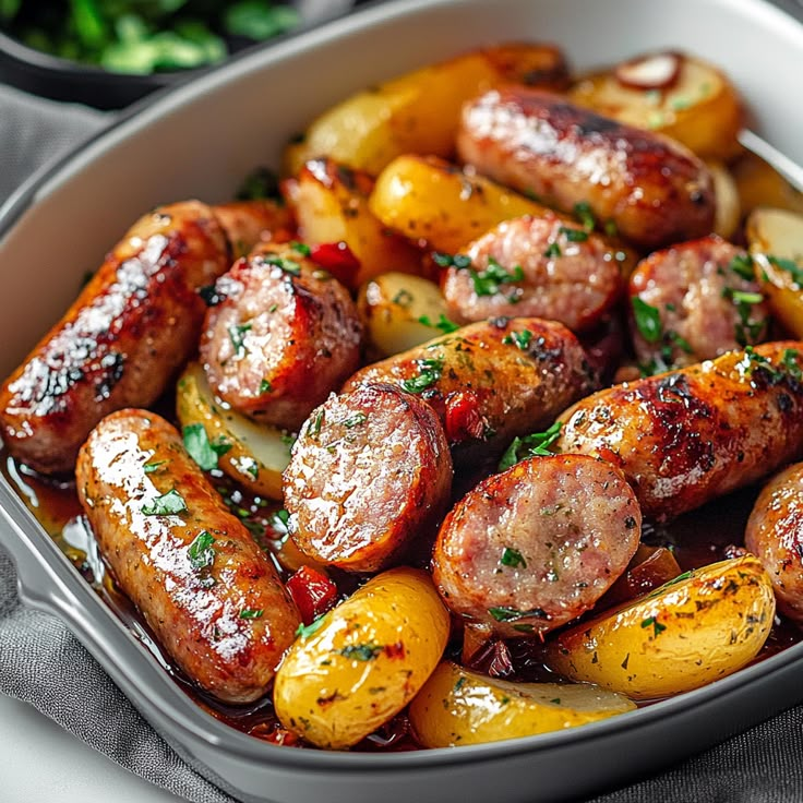 sausages and potatoes in a white dish on a gray tablecloth with parsley