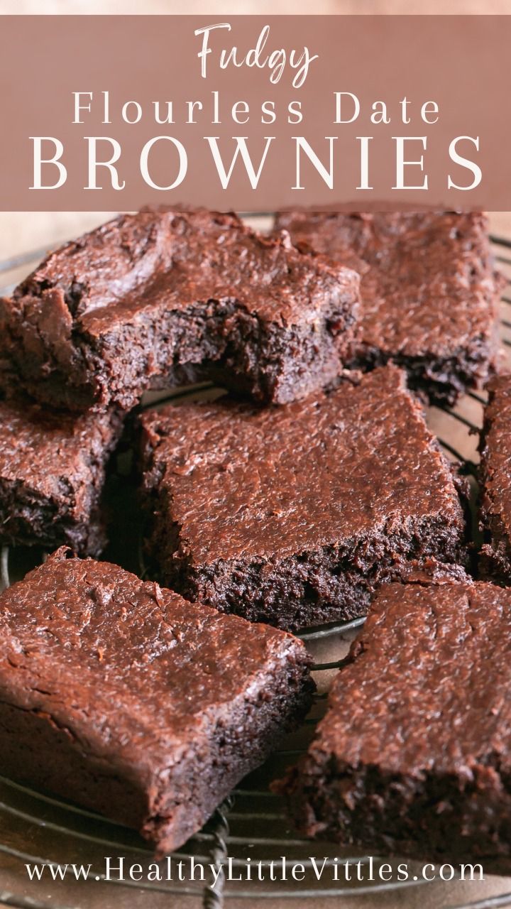 chocolate fudge brownies on a wire rack with text overlay that reads, fluffy flourless date brownies