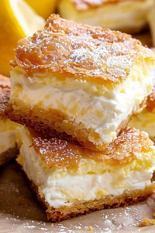 three pieces of dessert sitting on top of a cutting board next to lemon wedges