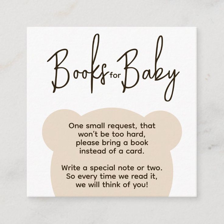 a card with the words books for baby written in black ink on it and an image of a teddy bear