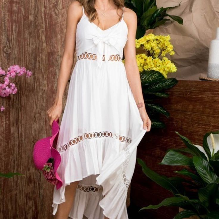 White Halter Style Maxi Dress With High Low Effect Open Back Casual Cutout Maxi Dress For Beach, Casual Beach Maxi Dress With Cutout, White Cutout Maxi Dress For Vacation, White Cutout Maxi Dress For Summer, White Cutout Maxi Dress For Brunch, White Cutout Maxi Dress For Beach, White Halter Sundress Maxi Length, White Cutout Beach Dress, White Floor-length Maxi Dress For Beach