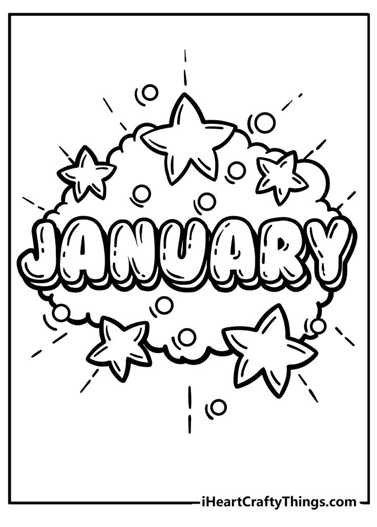 the word january is written in black and white with stars around it, as well as an