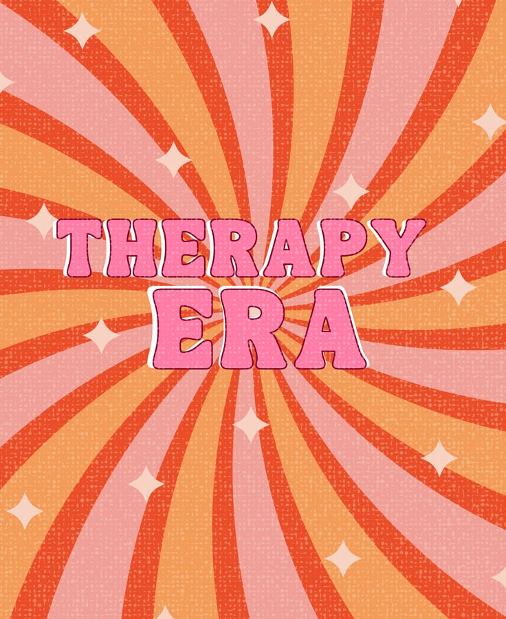 the words therapy era are written in pink and orange with stars around it on an abstract background