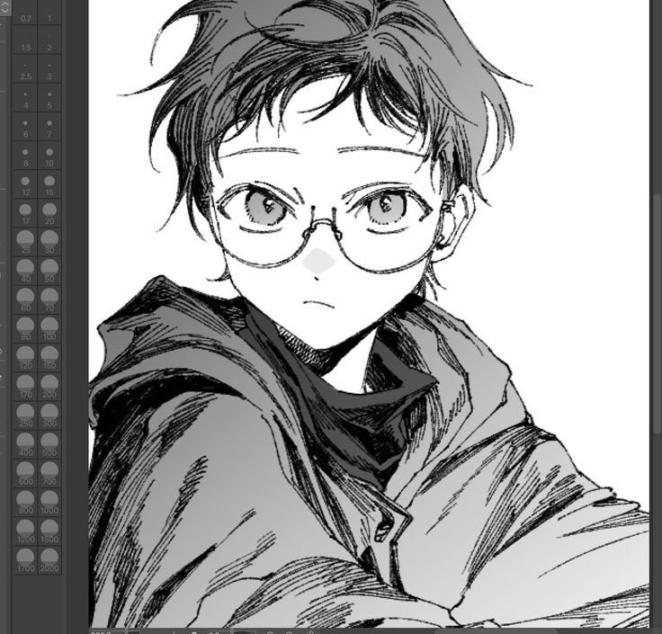 a black and white drawing of a boy with glasses on his head, looking at the camera