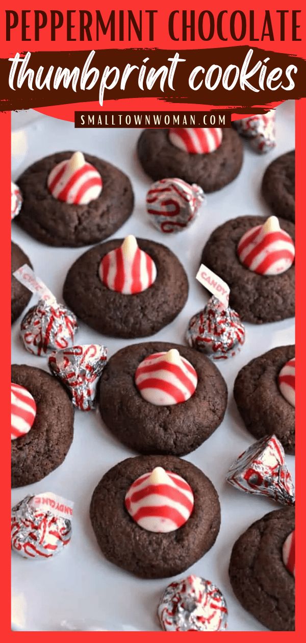 peppermint chocolate thumbprint cookies with candy canes