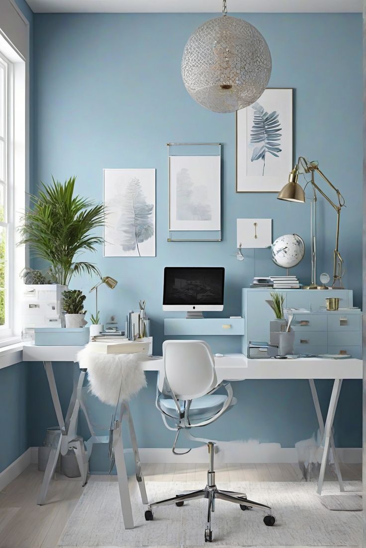 a home office with blue walls, white furniture and pictures on the wall above it