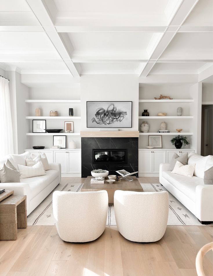 a living room filled with furniture and a fire place in the middle of a room