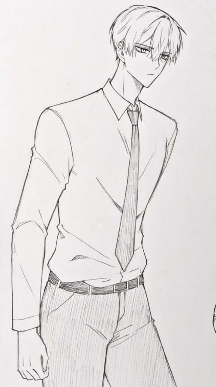 a pencil drawing of a man wearing a shirt and tie with his hands in his pockets