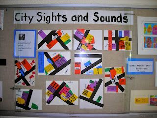 the bulletin board is covered with legos and sound words for city lights and sounds