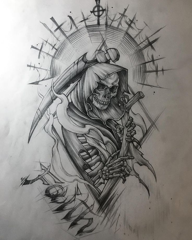 a drawing of a skeleton holding a knife