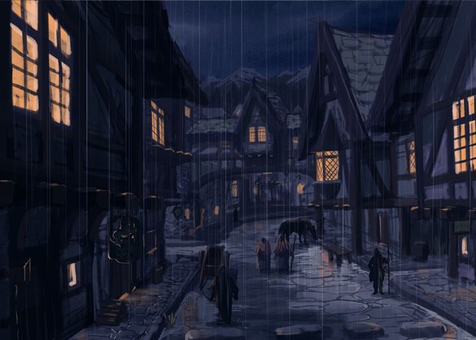 an animated image of people walking down a street at night with lights on the windows