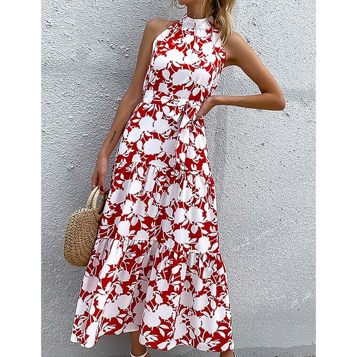 Red Floral Print Halter Maxi Dress Red A-line Maxi Dress For The Beach, Red A-line Maxi Dress For Summer, Casual Red Floral Print Maxi Dress, Red A-line Maxi Dress For Day Out, Red Floral Print Midi Dress For Beach, Red Sleeveless Midi Dress For Vacation, Red Midi Dress For Spring Vacation, Spring Red A-line Maxi Dress, Red A-line Maxi Dress For Spring