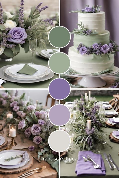 the table is set with purple flowers and greenery