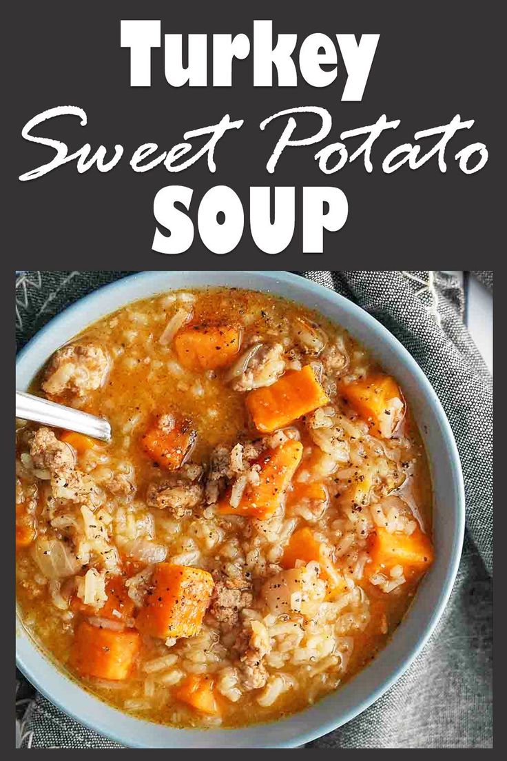 turkey sweet potato soup in a white bowl