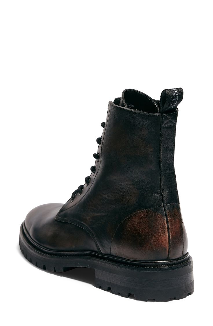 A beefy lug sole grounds a classic boot built from lightly weathered leather for a vintage vibe. Style Name:Allsaints Tobias Plain Toe Boot (Men). Style Number: 5973093. Rugged Lace-up Boots With Lug Sole And Round Toe, Rugged Fall Combat Boots With Leather Footbed, Fall Rugged Combat Boots With Leather Footbed, Rugged Combat Boots With Leather Footbed For Fall, Rugged High-top Martin Boots With Goodyear Welt, Rugged Ankle Martin Boots With Rubber Sole, Rugged Moto Boots With Rubber Sole For Fall, Fall Combat Boots With Rubber Sole, Rugged Martin Boots With Leather Sole