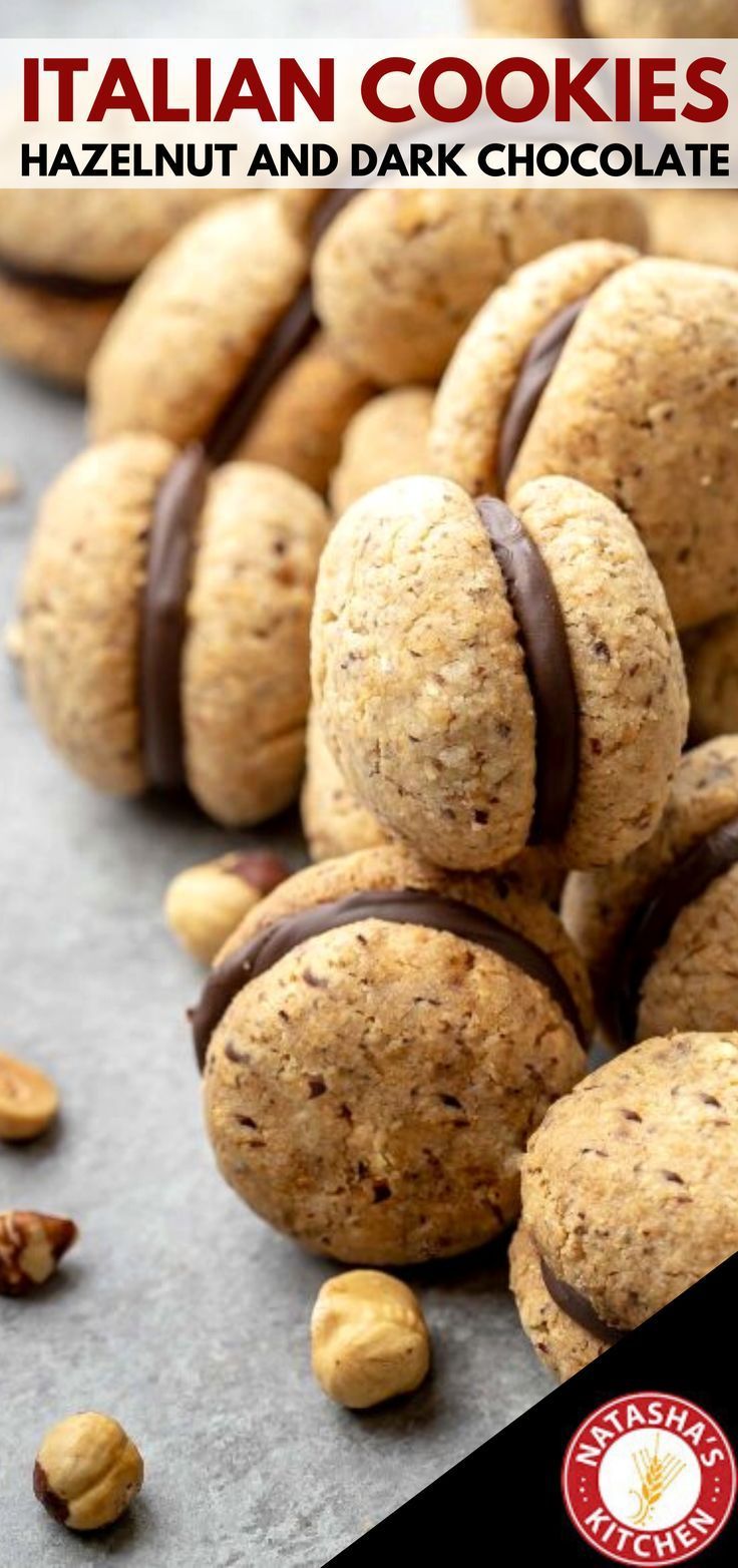 the cover of italian cookies hazelnut and dark chocolate are piled on top of each other