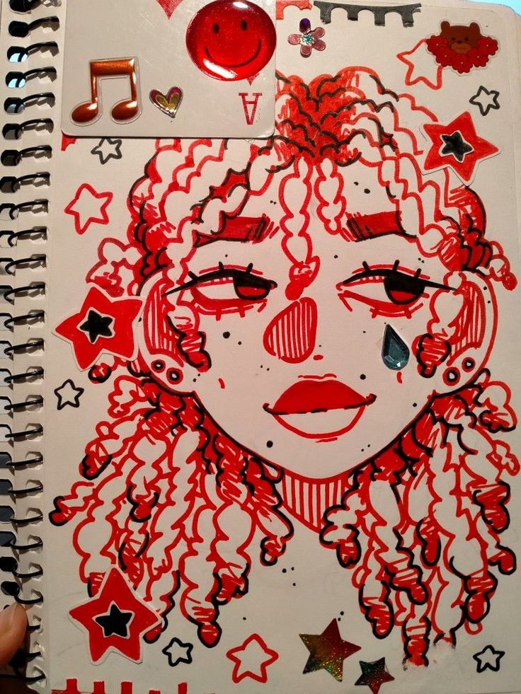 a drawing of a woman's face with red hair and stars around her head