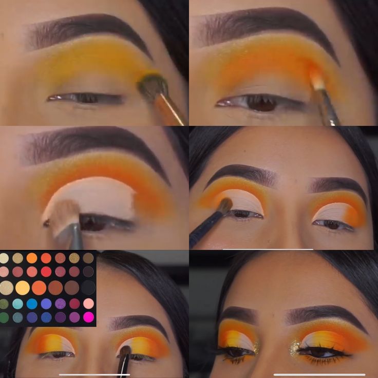 Yellow Orange Makeup Looks, Orange Eyeshadow Looks Tutorial, Orange And White Eyeshadow, Yellow Eyeshadow Looks Step By Step, Yellow Orange Eye Makeup, Yellow And Orange Eyeshadow Looks, Orange Eyeshadow Looks Step By Step, Orange And Blue Makeup Looks, Yellow Eye Looks