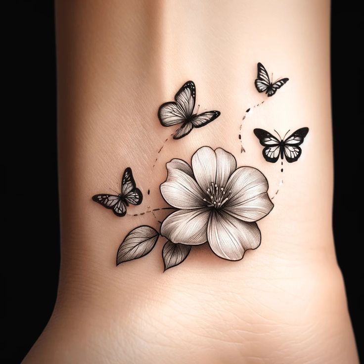 a woman's tattoo with butterflies and flowers on her side, as well as a butterfly