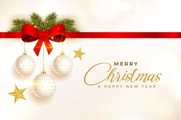 a merry christmas and happy new year greeting card with balls, stars and red ribbon