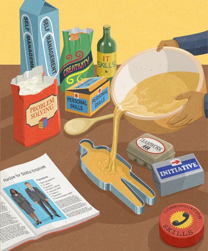 an illustration of ingredients for baking on a table with a recipe book and other items