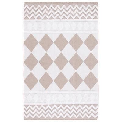 a beige and white rug with an argyle pattern on the bottom, in front of a white background