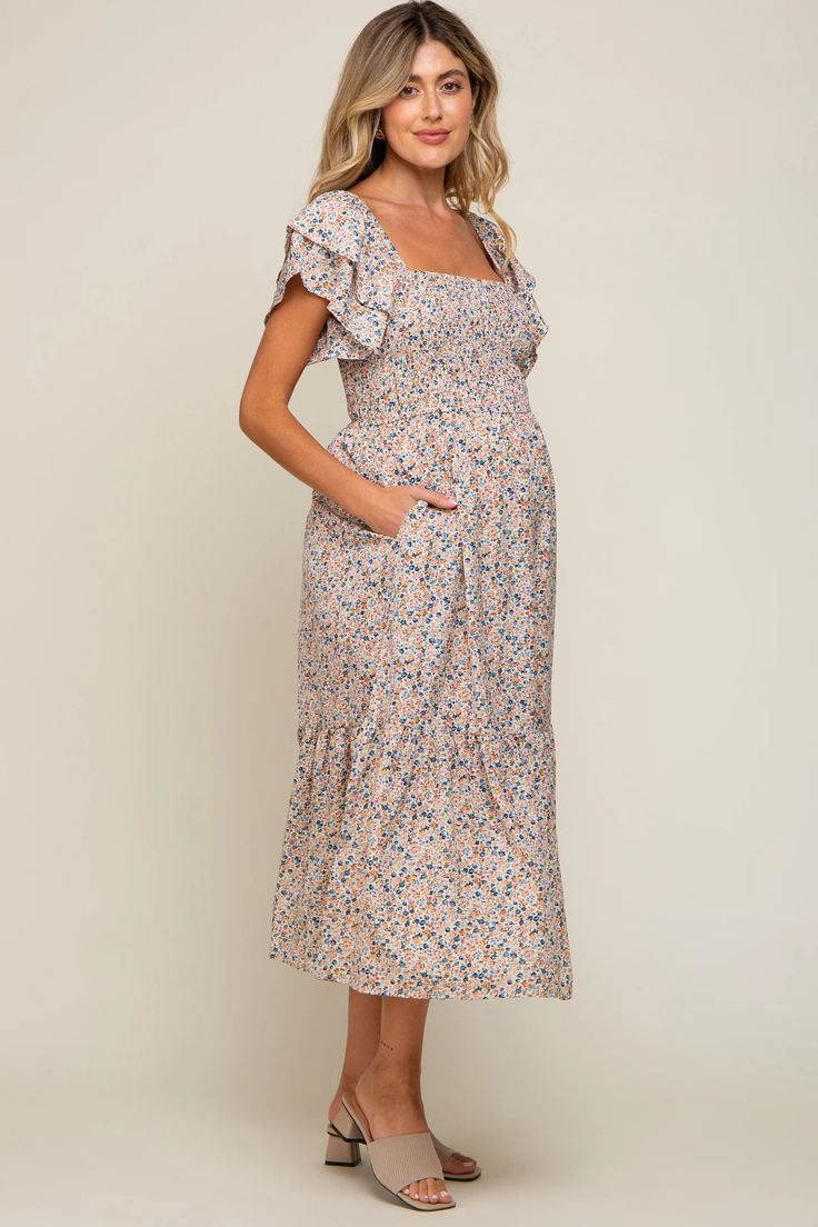 Black Floral Flutter Maternity Midi Dress– PinkBlush Summer Flowy Maternity Dress With Smocked Back, Summer Maternity Midi Dress With Smocked Back, Maternity Midi Dress With Smocked Back, Casual Floral Print Maternity Midi Dress, Casual Maternity Midi Dress With Floral Print, Casual Summer Maternity Dress With Ruched Details, Flowy Maternity Dress With Smocked Back For Spring, Summer Maternity Smock Dress, Casual Maternity Midi Dress With Smocked Back