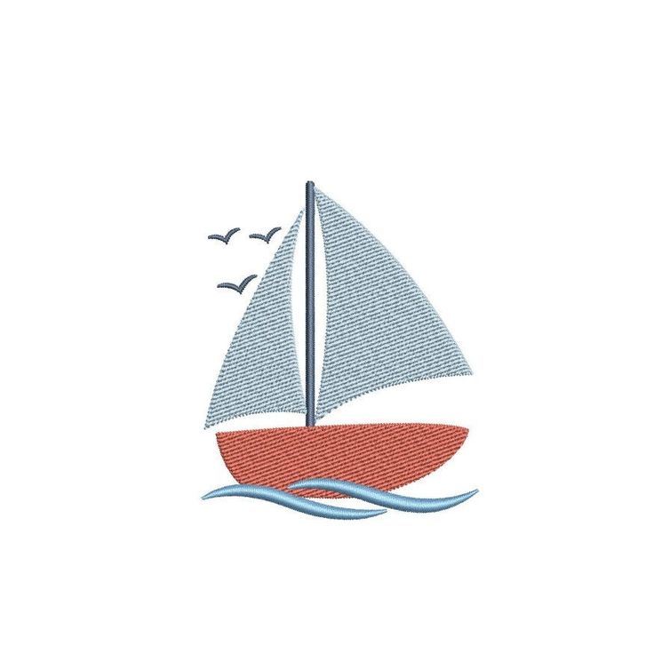 a sailboat with birds flying in the sky behind it on a white background embroidery design