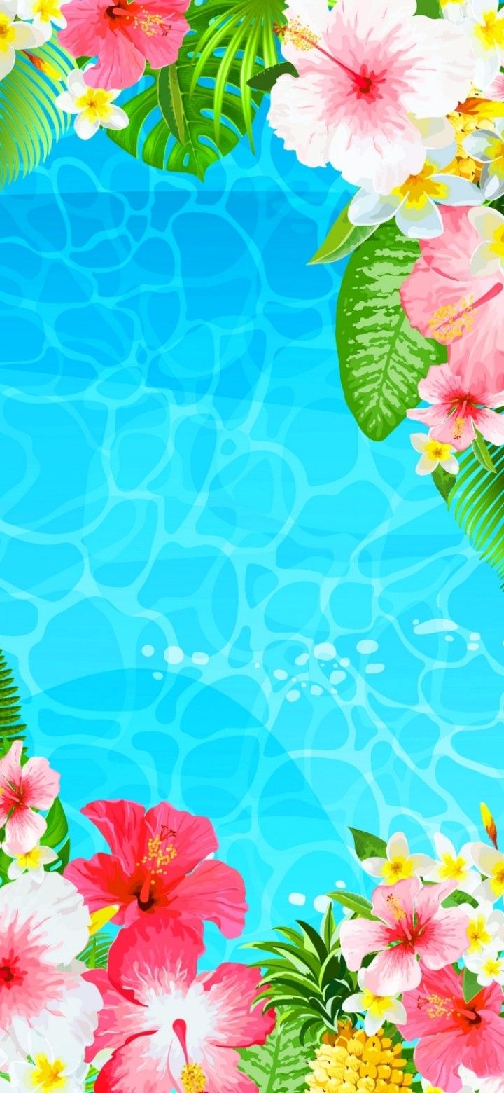 an image of tropical flowers and leaves in the water with blue sky behind it stock photo