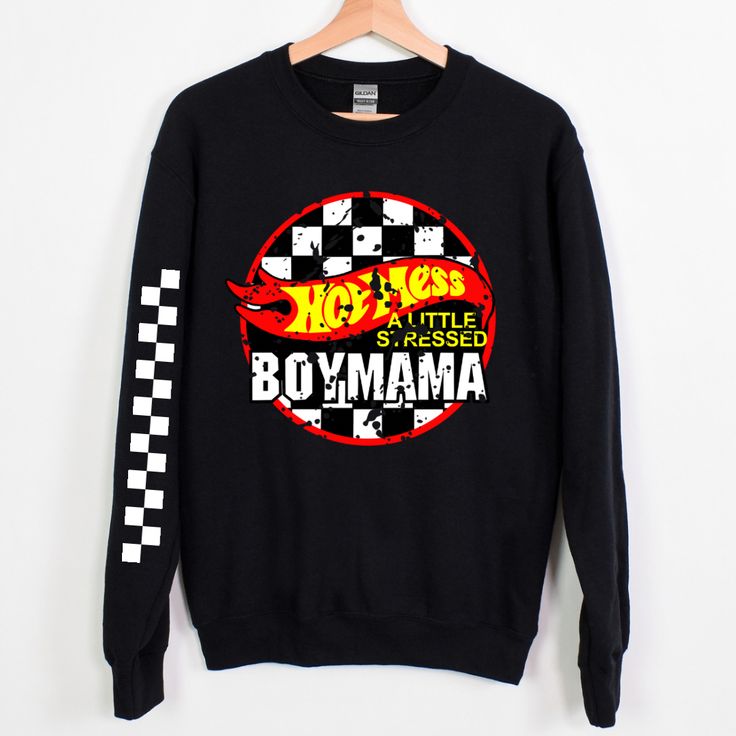 Hot wheels inspired graphic sweater featuring a patterned sleeve Black Logo Print Sweater For Winter, Black Crew Sweater With Logo Print, Black Crew Neck Sweater With Logo Print, Black Crew Neck Sweater With Logo, Trendy Black Crew Neck Sweater, Black Crew Neck Sweater With Letter Print, Black Sporty Sweater With Letter Print, Sporty Black Sweater With Letter Print, Trendy Sweater With Screen Print For Streetwear