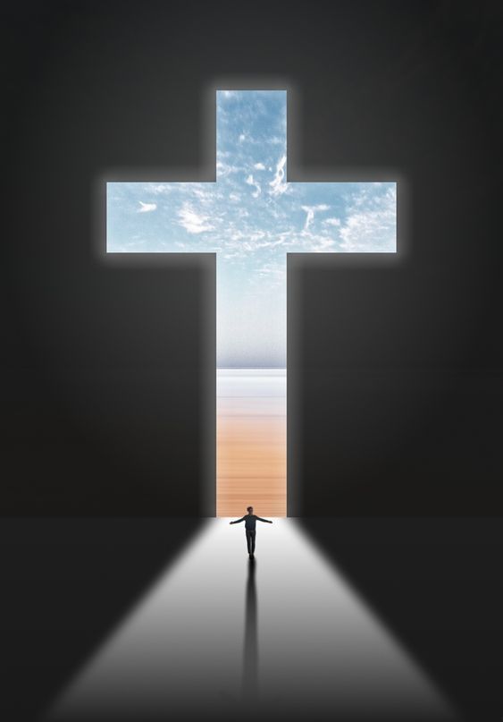 a person standing in front of a cross with the sky and water behind them as if it were an open door