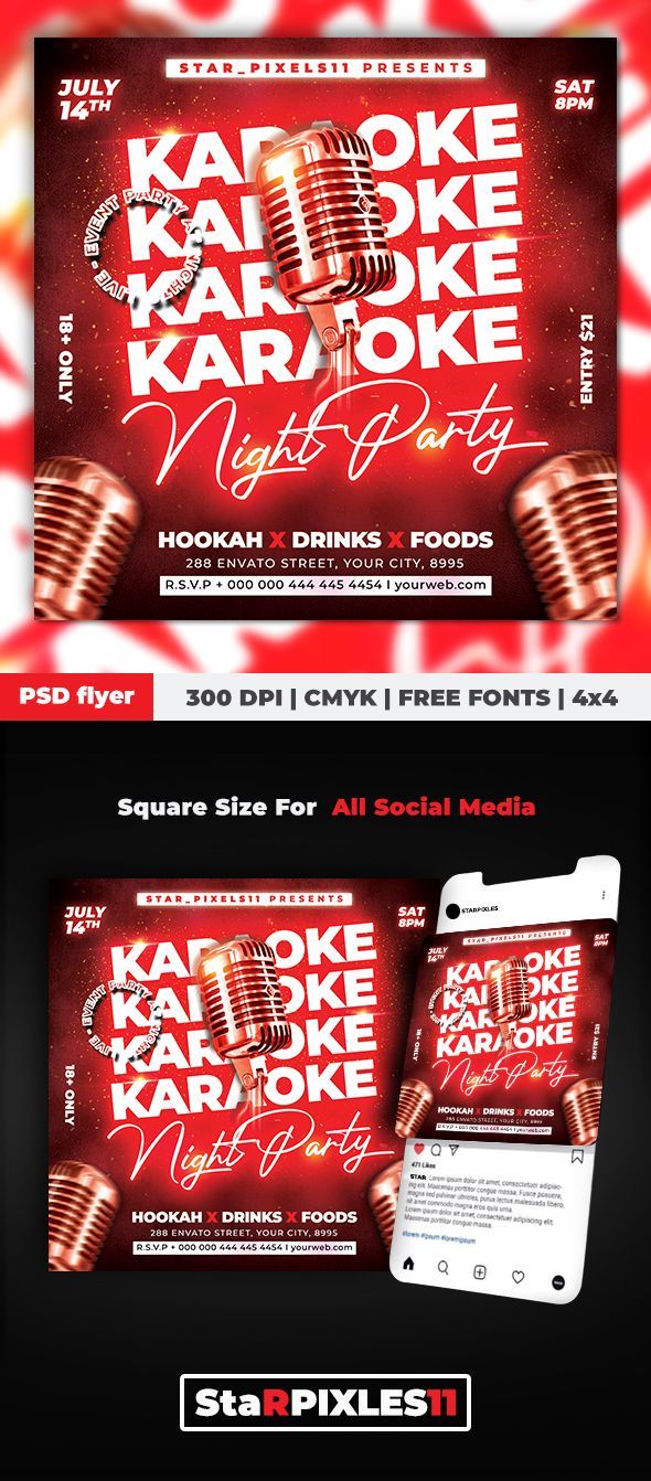 an advertisement for karaoke karaoke night party with microphones and red lights in the background