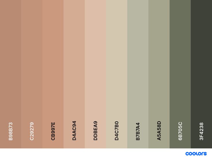 the color scheme for an interior paint swatch in shades of green, brown and beige