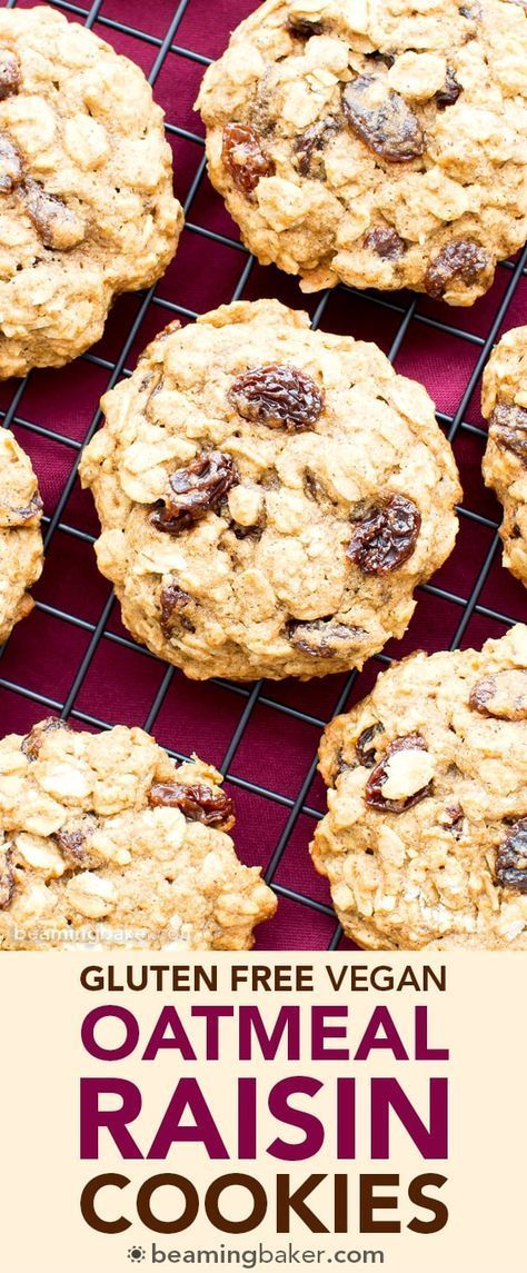 gluten free vegan oatmeal raisin cookies on a cooling rack