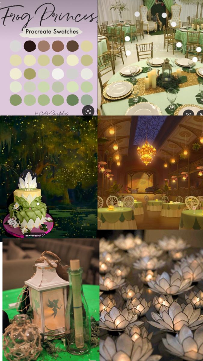 a collage of photos with green and white decorations, candles, flowers, and cake