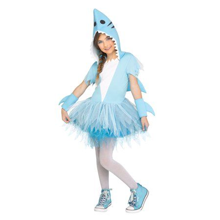 Have a laugh with all your friends by dressing up as one surprisingly cute Shark! Throw everyone for a loop with the Shark Tutu Girl?s Costume. It comes with a shark themed hooded dress with sleevelets, and an attached shark fin. The tutu itself is frilly making for a very funny contrast to the hood. It?s just what you need to really lighten up the mood this Halloween. Color: Multicolor. Shark Costume, Halloween Costume, Halloween, Blue