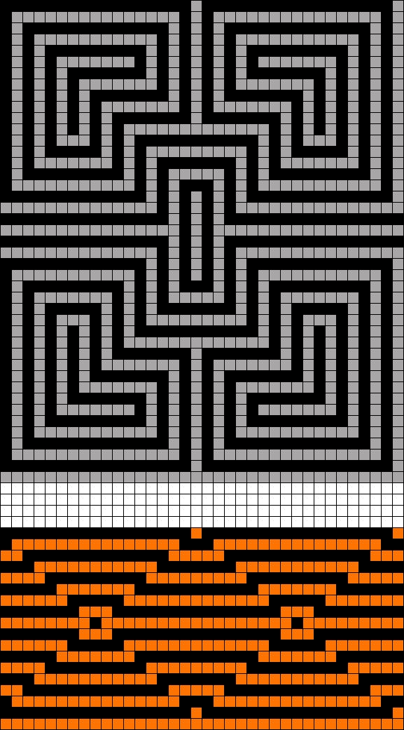 an orange and black pattern is shown in the middle of two squares, each with different shapes