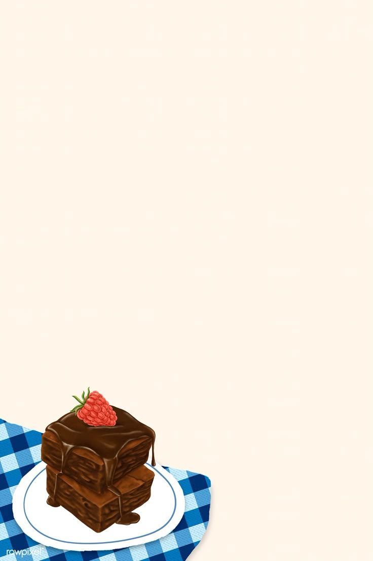 a piece of chocolate cake sitting on top of a blue and white checkered table cloth