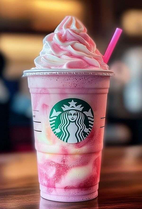 a pink drink with whipped cream on top and a straw sticking out of the cup