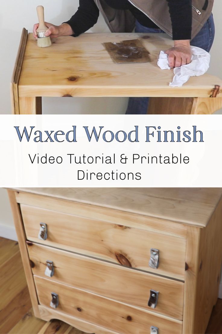 a woman waxing wood with a paintbrush on top of a wooden dresser drawer