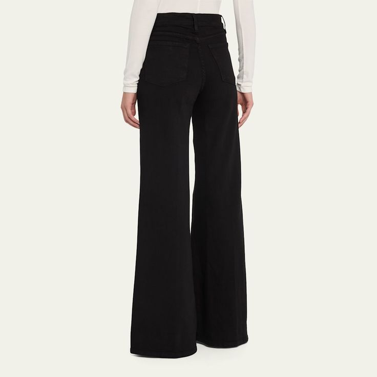 FRAME "Le Palazzo" pants is stretch-denim. Approx. measurements: 11" rise; 34" inseam; 30" leg opening. High-rise; belt loops. Button-zip fly. Five-pocket style. Relaxed fit through super wide legs. Cotton/polyester/spandex. Machine wash. Made in USA of imported materials. Stretch Jeans With Belt Loops For Work, Modern High Waist Flare Jeans With Belt Loops, Modern High-waisted Jeans For Fall, High Rise Pants With Five Pockets For Fall, Modern Mid-rise Bottoms For Fall, Modern Mid-rise Pants With Five Pockets, High Rise Bottoms With Five Pockets For Fall, Stretch Full Length Jeans With Belt Loops, High-waisted Jeans For Fall