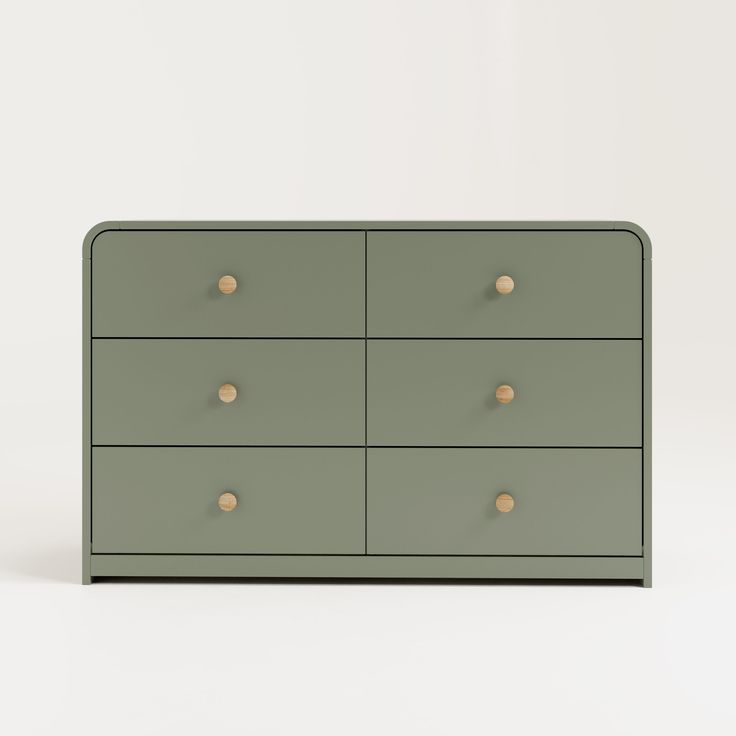 an olive green dresser with gold knobs on the top and bottom, against a white background