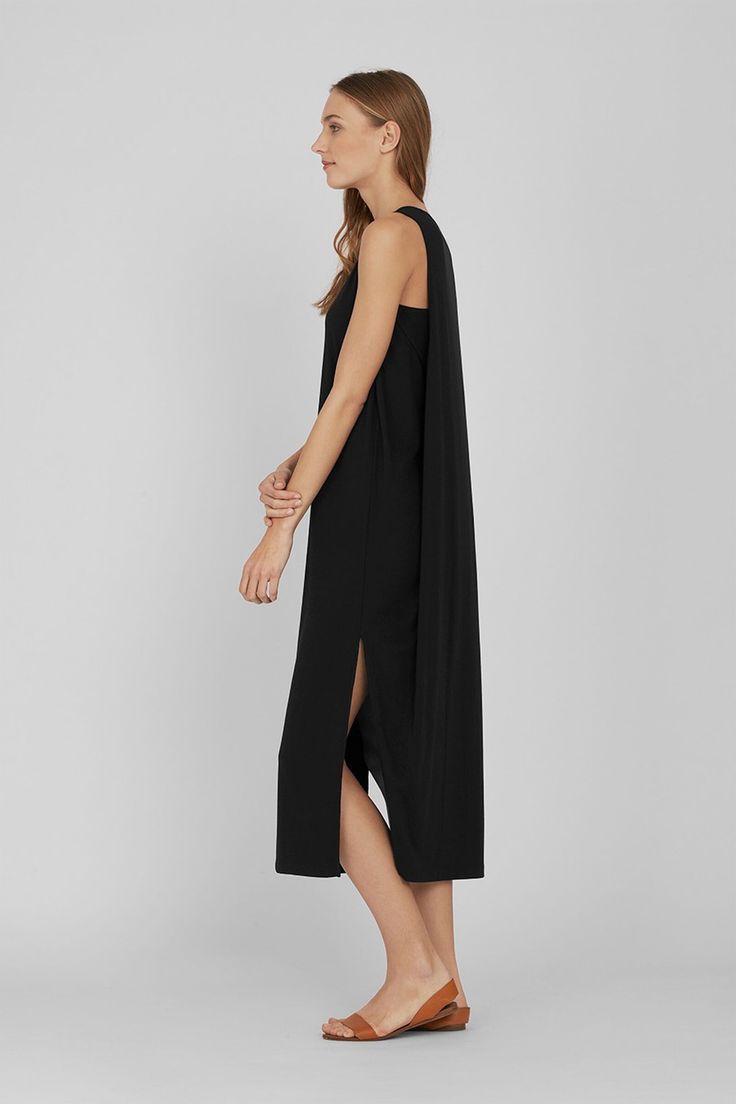 Drape-Back Dress | Cuyana Chic Maxi Dress With Minimal Stretch, Chic Daywear Dresses With Side Slits, Elegant Daywear Dresses With Side Slits, Longline Evening Dresses With Side Slits, Longline Midi Dress With Side Slits For Daywear, Sleek Spring Dress With Side Slits, Longline Lounge Dress With Side Slits, Chic Longline Maxi Dress For Loungewear, Longline Loungewear Dress With Side Slits