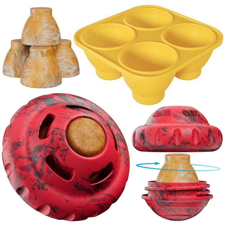 an assortment of different types of toys including plastic bowls, and wooden toy moulders