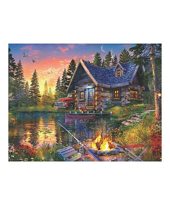 a painting of a cabin by the water at sunset with a campfire in front of it