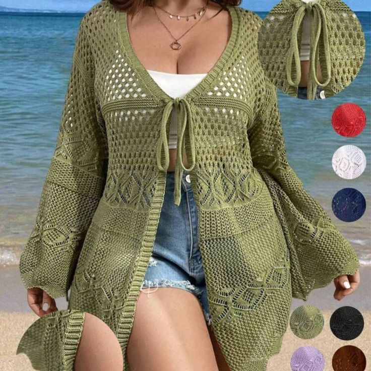 Brand New, Never Worn. Casual Open Front Cardigan For Beach Season, Green Long Sleeve Sweater For Vacation, Green Beach Cardigan, Trendy Green Outerwear For The Beach, Green Open Front Beach Cardigan, Knit Outerwear For Vacation, Knit Open Front Outerwear For Beach, Green Open Front Cardigan For The Beach, Green Open Front Cardigan For Beach